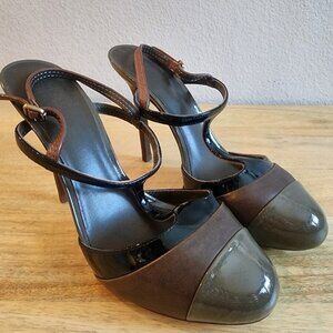 Tory Burch Shoes Womens Size 8.5M Brown Black Strappy Patent Leather High Heels